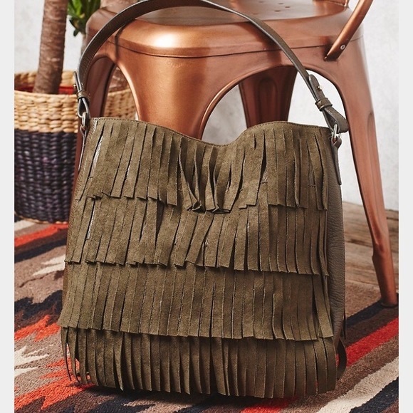 Free People Ashbury Fringe Vegan Leather Olive Green Tote. - Picture 3 of 4